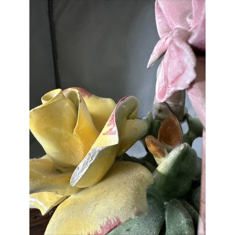 Vintage 1980s Capodimonte Italian‎ Porcelain Flower Basket Pink Yellow